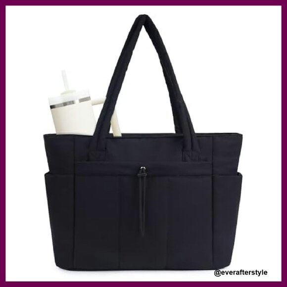 Puffer Tote Bag with Cup Holder Laptop Compartment Trolley Sleeve Travel Work - Picture 2 of 8